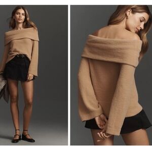 Flat White Anthropologie Off The Shoulder Bell Sleeve Fuzzy Knit Sweater Camel M